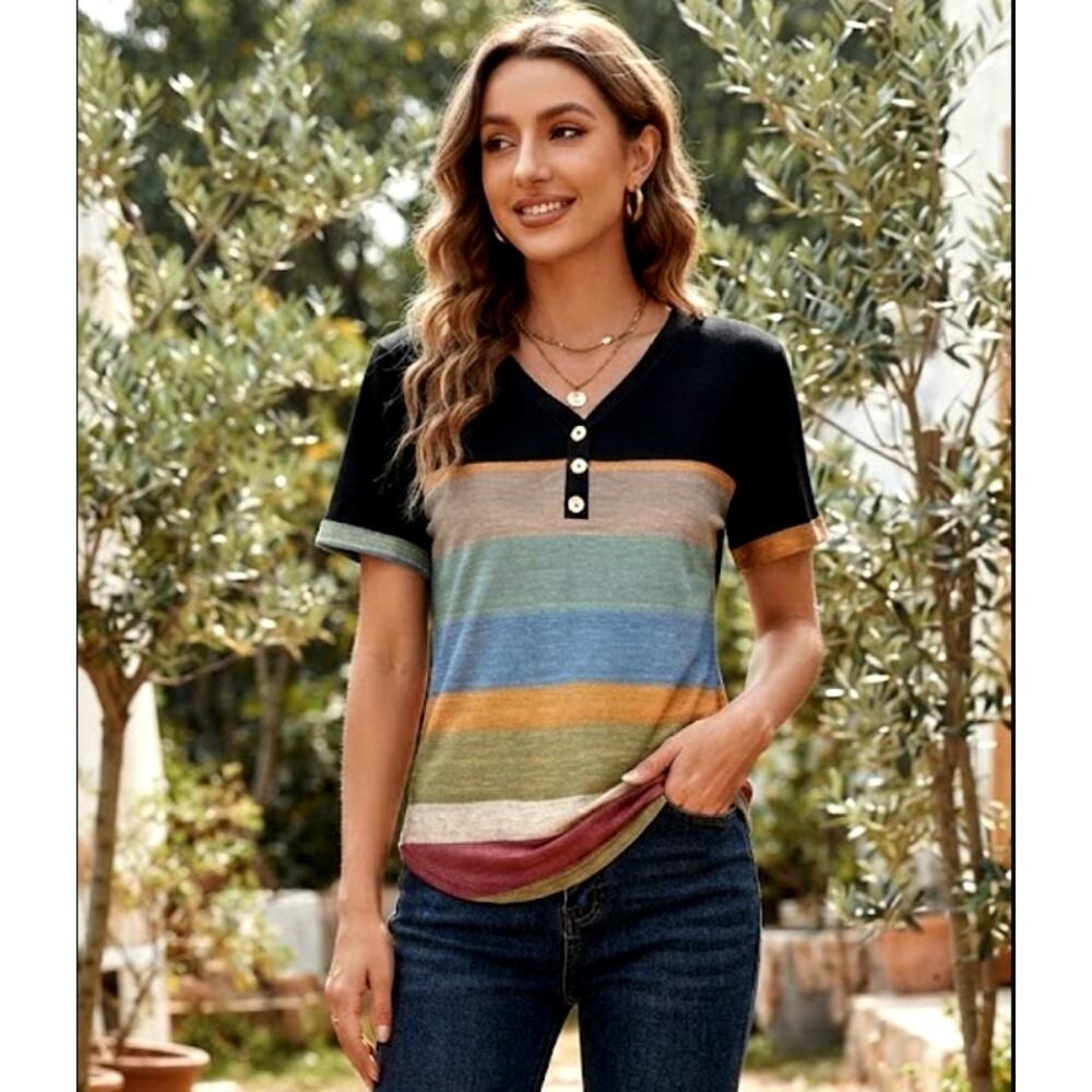 SHEIN Black Short-Sleeved Top Multi Color Stripes Shirt Size 6 Medium Tee